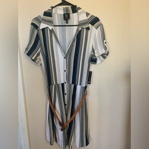 Stripped colored dress, button down w/ belt.